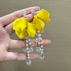 Yellow Acrylic Frosted Petal Tassel Beaded Long Earrings