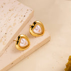 ED086 Glossy Heart Pearl Earrings Gold