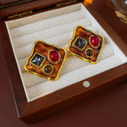 25#Silver Needle - Gold - Coffee Color - Oil Drop Diamond-Encrusted Resin Artificial Tiger Eye Stone Stud Earrings