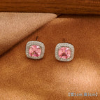 10#A Pair of Pink Shiny Zircon Stud Earrings (S925 Silver Needle)