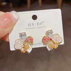 No. 108 Rhinestone Pearl Five Petal Flower Ear Studs (Thick Real Gold Plating)
