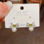 116 Silver-Zircon Bow Pearl Stud Earrings (Thick Real Gold Plating)