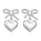 Bow Hanging Love Heart Earrings Steel Color