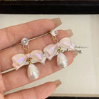 925 Silver Needle-Pink Colorful Bow Tie Earrings (G3855)-