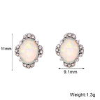 Vintage Oval Petal Opal Stud Earrings-Silver White