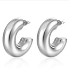 Large C- Shaped Hollow Earrings Steel Color / 18K