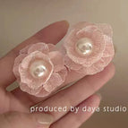 Pink Lace Petal Pearl Flower Stud Earrings