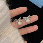 58#Full diamond hollow bow pearl earrings