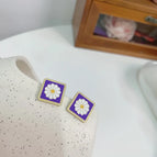 Purple Square Large Flower Stud Earrings