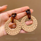 Deep Coffee round Rattan Stud Earrings-6.3cm