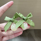 High-end Green Bow Pendant Round Stud Earrings