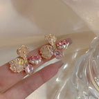 Pink Crystal Pearl Stitching Flower Stud Earrings