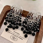 2511213A Black Crystal Tassel Waterfall Earrings (S925 Silver Needle)