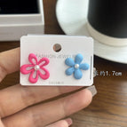 4642 Contrast Color Flower Earrings Rose Red + Blue