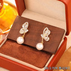 19#gold Butterfly Pearl Stud Earrings