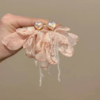 Pearl Heart Tassel Pink Fabric Petal Bowknot Earrings