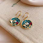 1#Ear Hook-Green-Flower (Real Gold Plating)