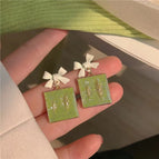 Dreamy Forest Green Square White Knot [Earrings]