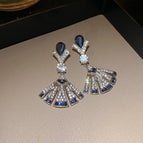53#Silver Needle-Silver-Blue-Diamond Fan-shaped Skirt Earrings