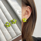 1449 Green Flower Light Pink Heart 925 Silver Needle