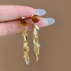 Tiger Eye Stone Leaf Tassel Earrings-5CM, ES21497-1