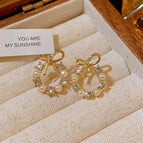 Gold Rhinestone Pearl Stud Earrings-925 Silver Needle