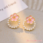Pink Flower Pearl Stud Earrings (S925 Silver Needle) Pair