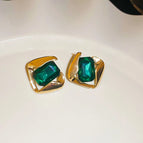11#Silver Needle-Gold-Green-Rhombus Glass Rectangular Stud Earrings