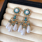 65#Silver Needle-Gold-Blue-White-Diamond Flower Water Drop Pendant Earrings