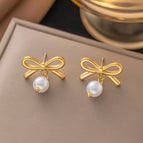 27 [Ag404] Bow Pearl Earrings Gold