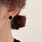 36#Black oil dripping square diamond stud earrings