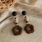 Black Half Round Bead Wooden Flower Pendant Stud Earrings