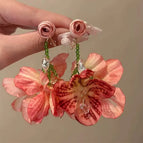 Super fairy rose tassel pink flower earrings