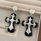 2506269 Black Cross Flower Matte Silver Metal Earrings (S925 Silver Needle)