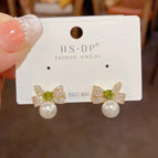 115 Gold-Zircon Bow Pearl Stud Earrings (Thick Real Gold Plating)