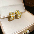 Silver Needle Flower Pearl Stud Earrings