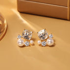 White Crystal Diamond Pearl Stud Earrings