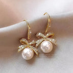 Gold Bow Pearl Earrings