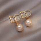 13#Gold diamond d-shaped pearl earrings