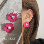 1451 Rose Red Flower White Core 925 Silver Needle