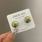 2068 Lake Green Flower Ball Earrings 925 Silver Needle