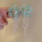 Organza flower tassel crystal earrings