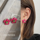1449 Rose Red Green Heart 925 Silver Needle