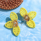 Yellow Petal Raffia Rattan Earrings