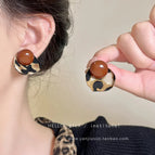 Chocolate Color Round Beads Leopard Print Chiffon Stud Earrings ES21545-2