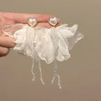Pearl Heart Tassel White Fabric Petal Bowknot Earrings