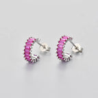 Square diamond curved stud earrings/white gold/red corundum / Copper