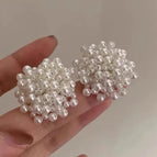 French Retro White Beaded Flower Earrings