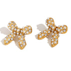 Pearl Zircon Bow Stud Earrings-Gold
