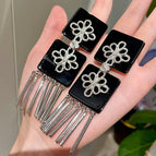 2510002 Black Square Chinese Knot Tassel Earrings (S925 Silver Needle)